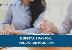 Two people discussing BlueStar's Payroll Validation Program 